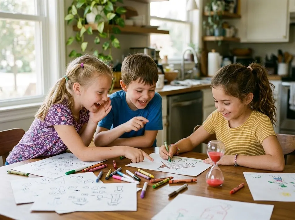 Pictionary words for kids: children playing a drawing guessing game at a kitchen table with crayons and a sand timer