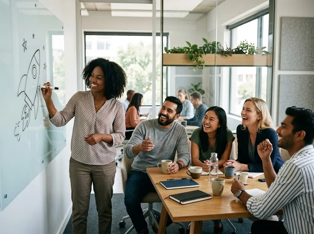 Pictionary words for work: coworkers laughing during a team building drawing game at an office whiteboard