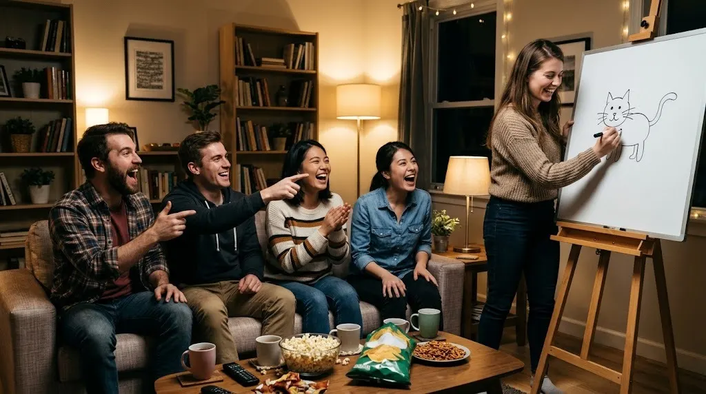 Pictionary words game night: friends laughing on a couch while one person draws a cat on a whiteboard
