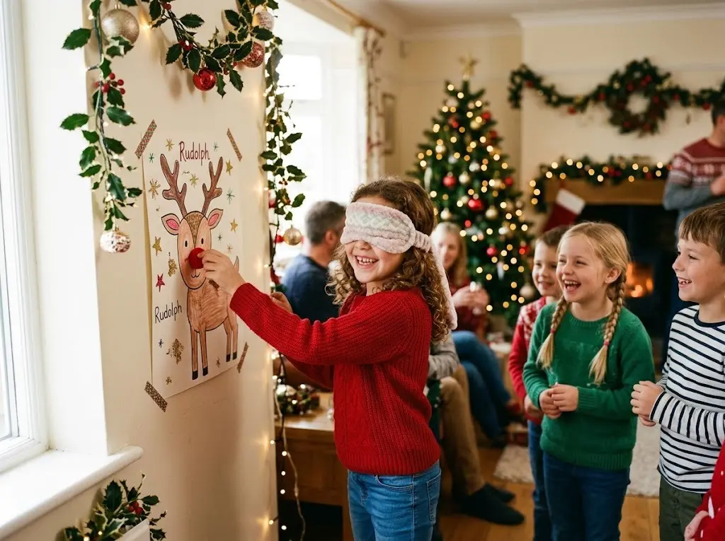 Blindfolded child playing pin the nose on a hand-drawn reindeer poster at a family Christmas party