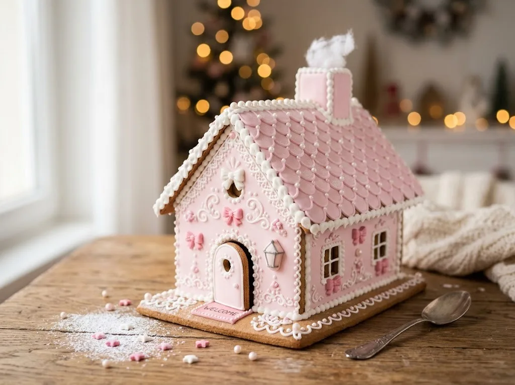 Trendy pastel pink gingerbread house with pink icing roof tiles, pearl sprinkles and tiny bows