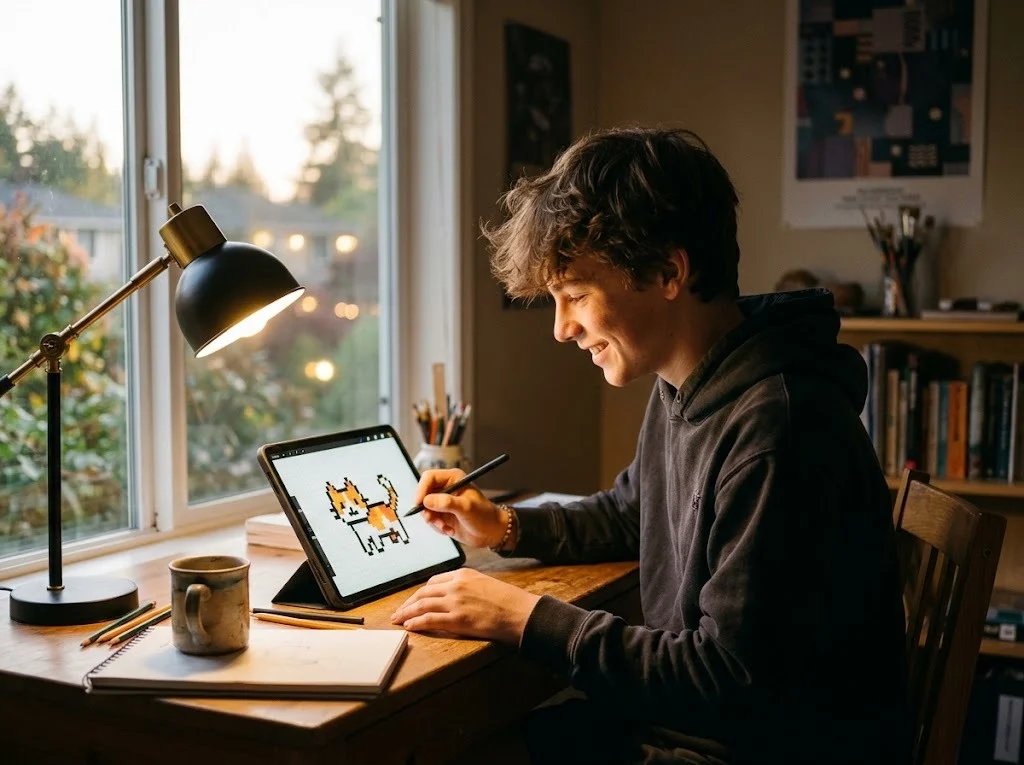 Teen drawing pixel art of a cat on a tablet with a stylus at a desk with a lamp in the evening