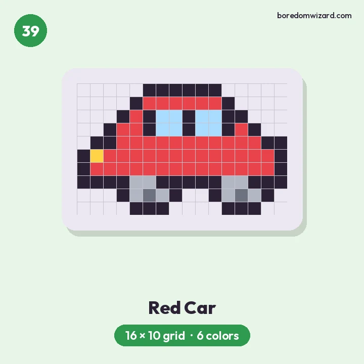 Pixel art for kids red car with blue windows and gray wheels on a 16 by 10 grid