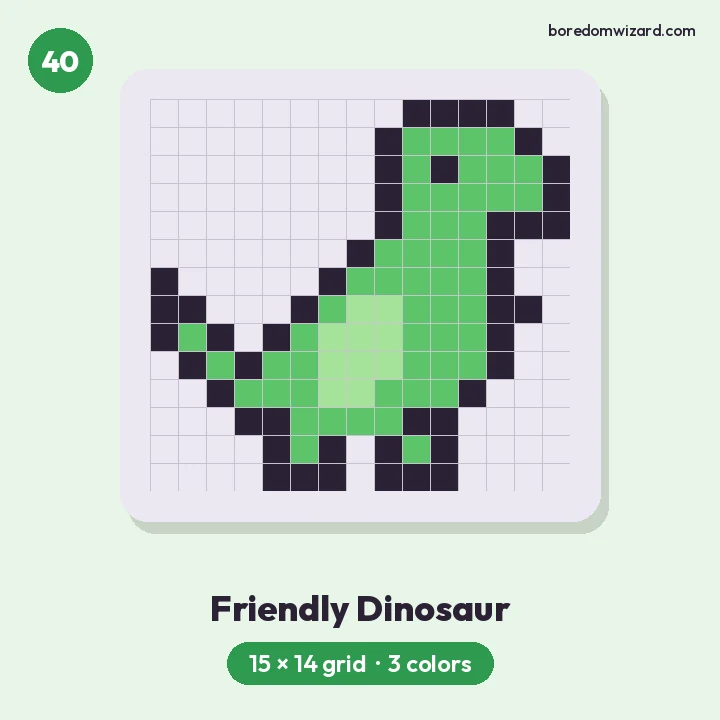 Pixel art for kids friendly green dinosaur with a light green belly on a 15 by 14 grid