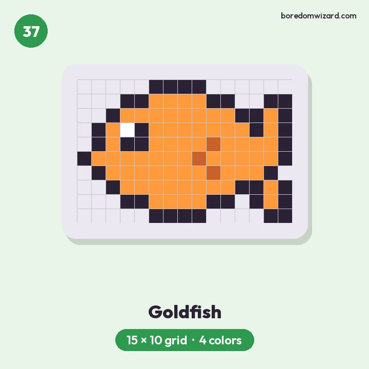 Pixel art for kids orange goldfish with a big eye and fan tail on a 15 by 10 grid