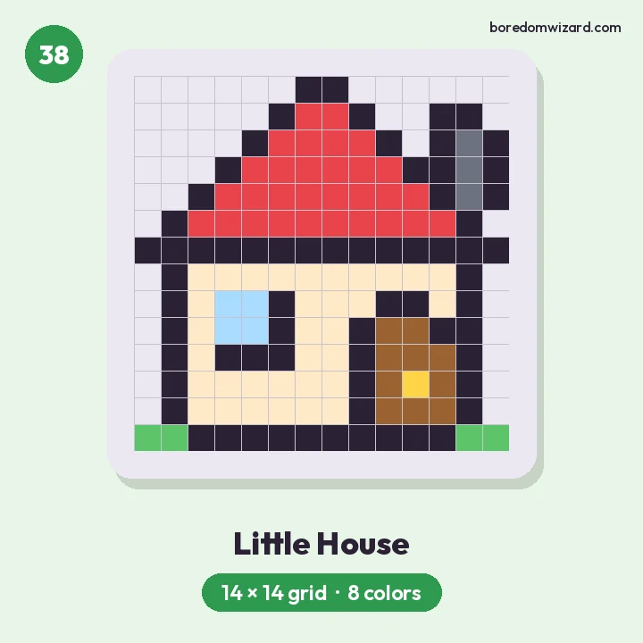Pixel art for kids little house with a red roof, chimney, window, brown door and grass on a 14 by 14 grid