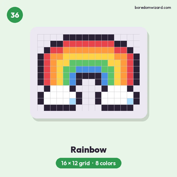 Pixel art for kids rainbow with red, orange, yellow, green and blue arcs and white clouds on a 16 by 12 grid
