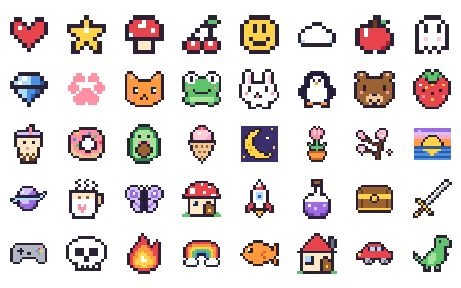 All 40 pixel art ideas in this guide at a glance: small, cute, aesthetic, cool and kids designs from a heart to a dinosaur