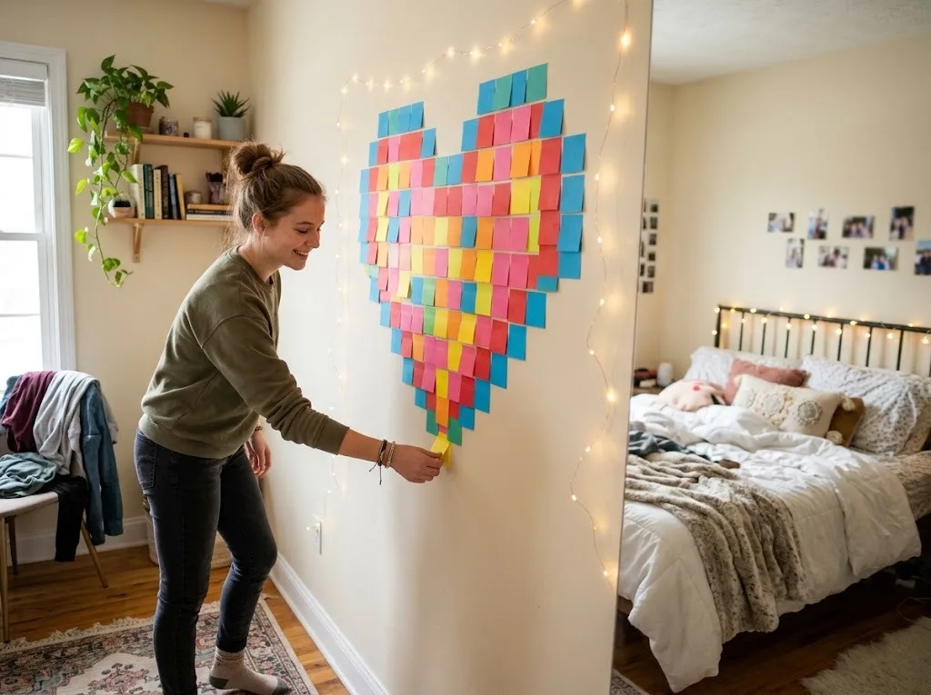 Pixel art ideas for room decor: a big pixel heart made of colorful sticky notes on a bedroom wall