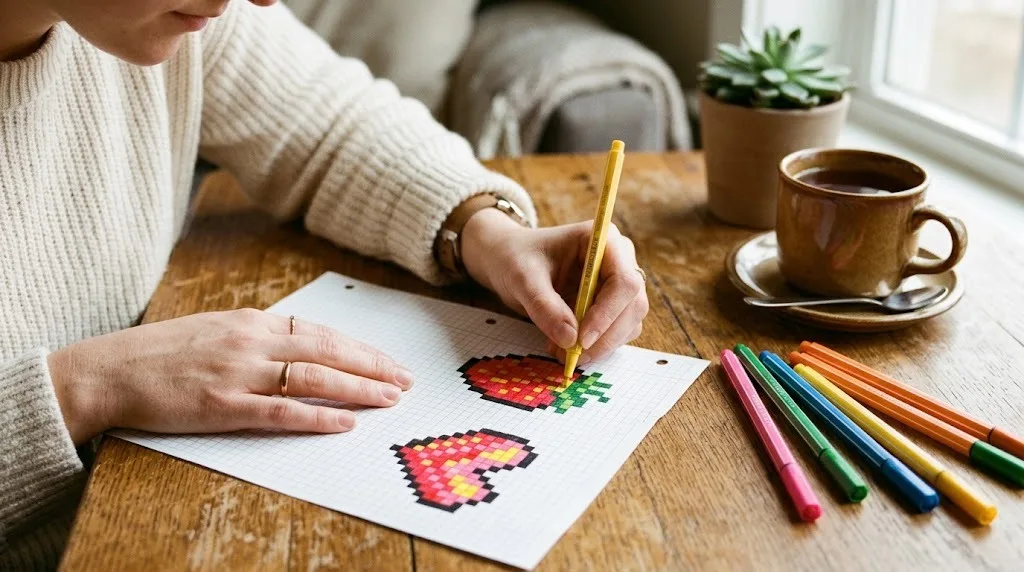 Pixel art ideas on graph paper: hands coloring a pixel strawberry and a pixel heart with markers on a wooden table