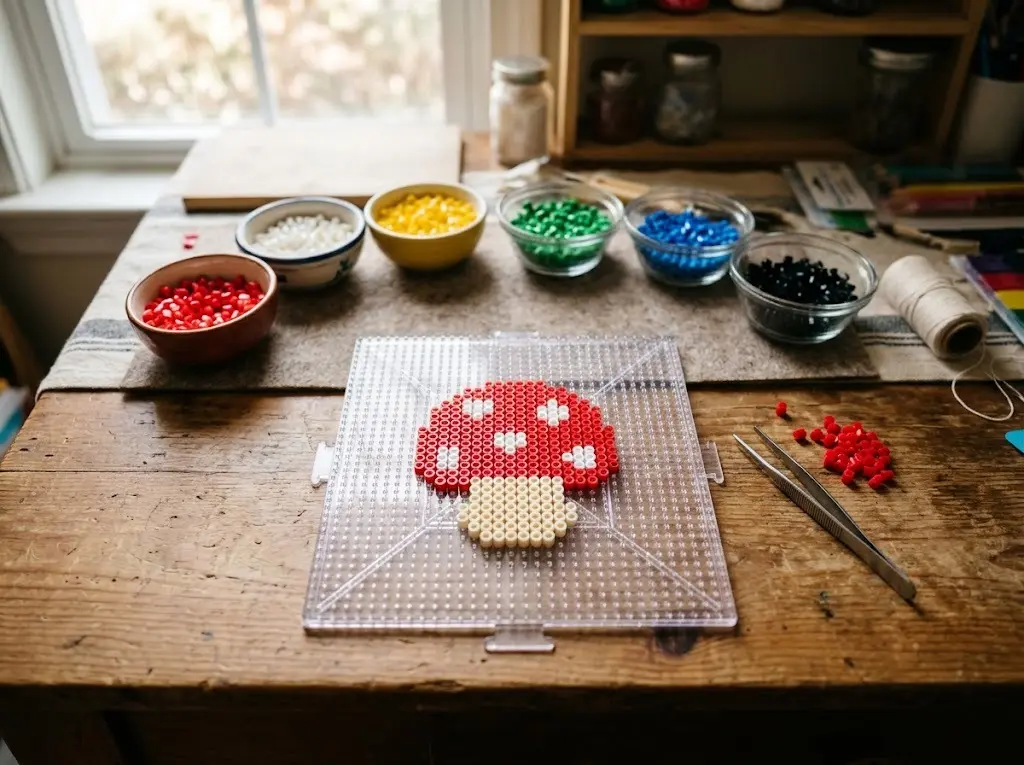 Pixel art mushroom made with red and white fuse beads on a square pegboard with bowls of sorted beads