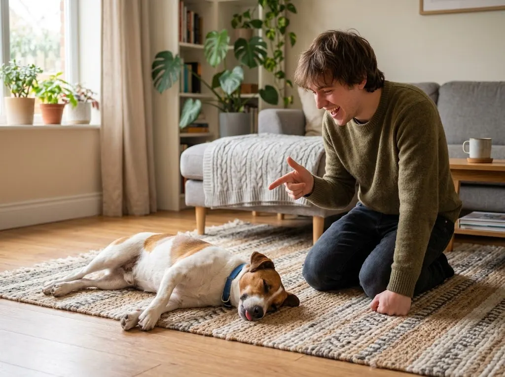 Dog lying on its side playing dead while its owner makes a finger-gun bang gesture