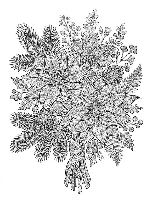 Detailed poinsettia flower bouquet coloring page with pine branches and berries