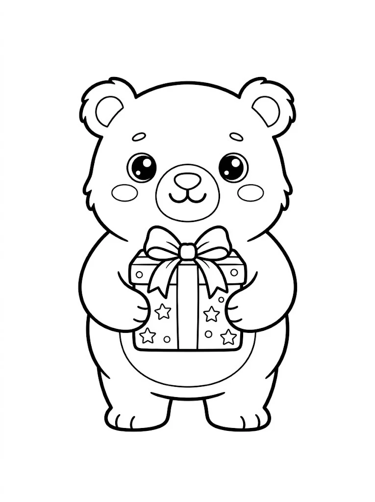 Kawaii polar bear holding a wrapped present coloring page