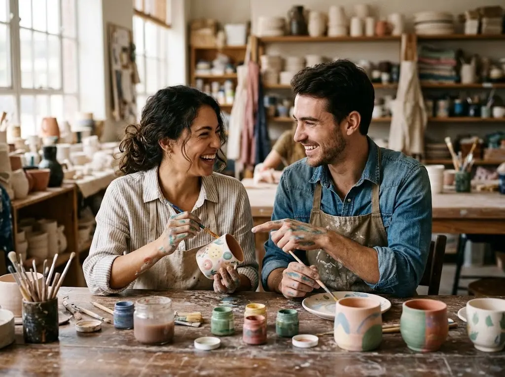 Couple painting pottery together at a ceramics studio on a creative date