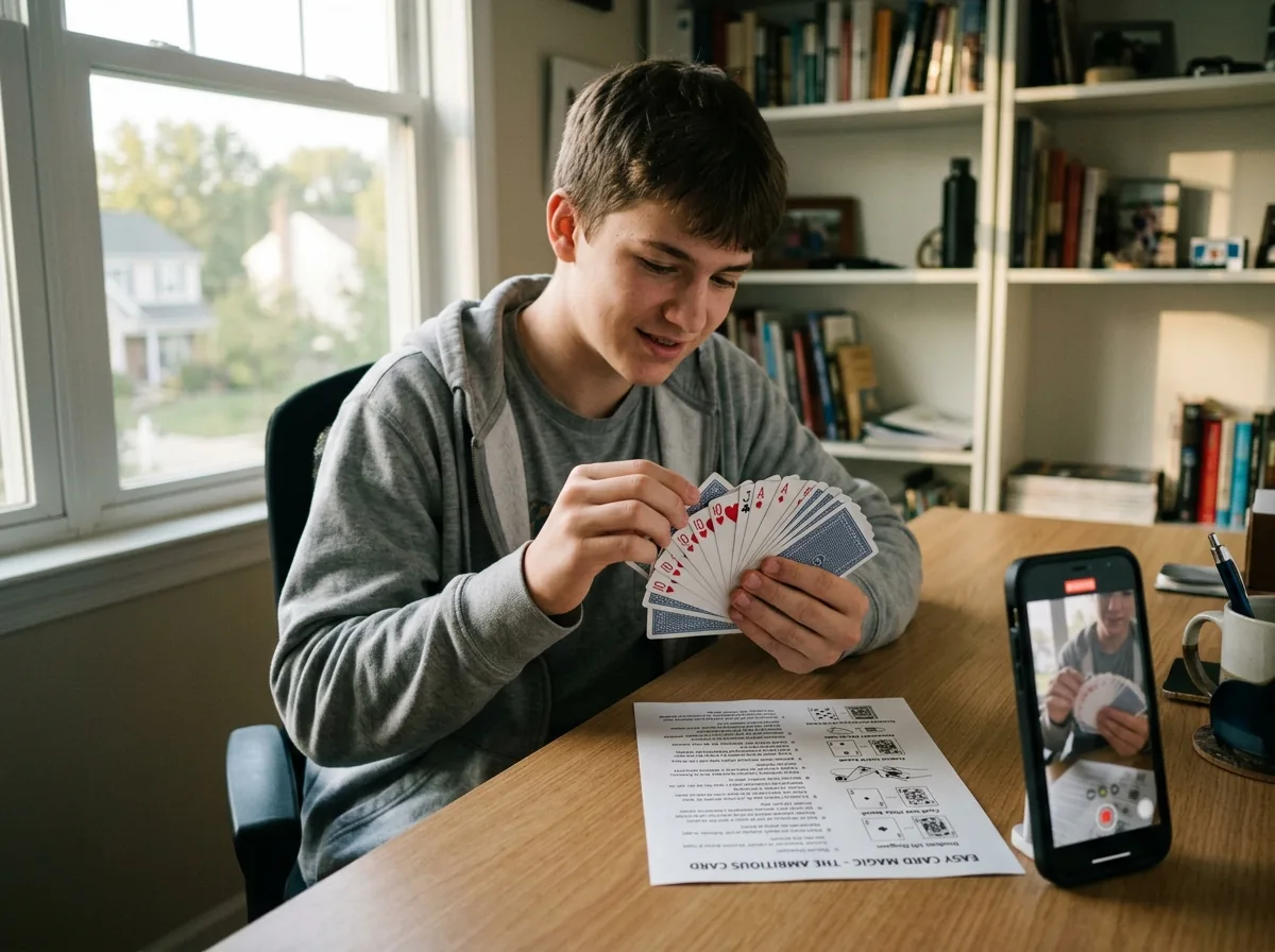 Teen practicing easy card tricks at a desk with a printed card trick cheat sheet