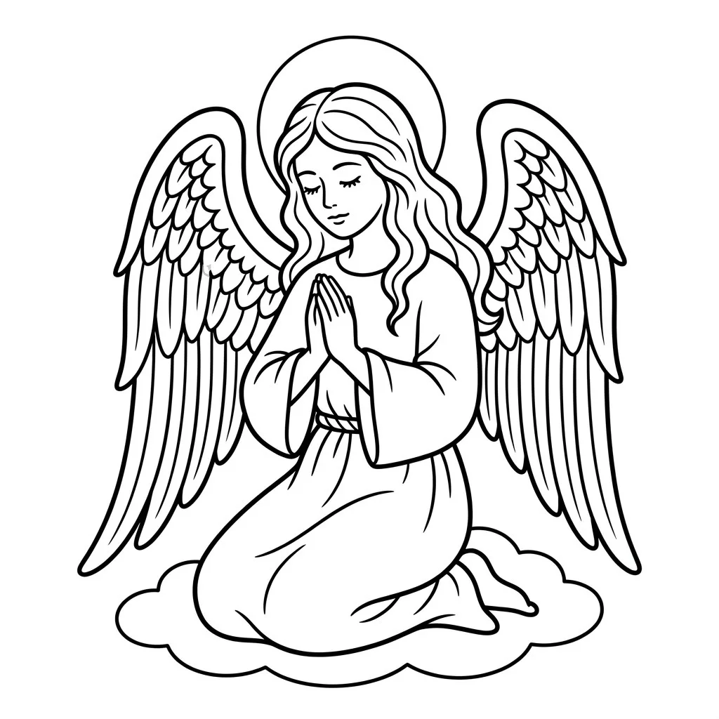 Classic praying angel drawing with hands together, closed eyes, a long robe, a halo and large feathered wings