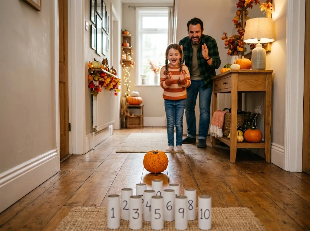 Dad and daughter cheering as a small pumpkin rolls down a hallway in a game of pumpkin bowling on Thanksgiving
