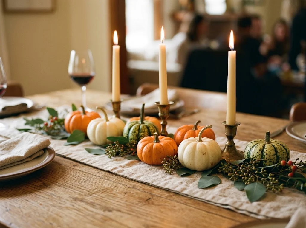 Simple Thanksgiving centerpiece of mini pumpkins, gourds and taper candles on a linen runner