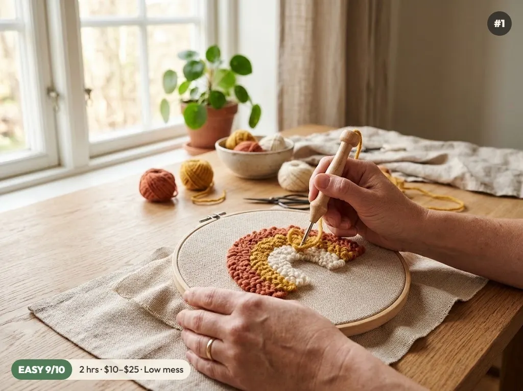 Adult hands using a punch needle tool on a wooden hoop to make a fluffy rainbow wall hanging, an easy craft for adults