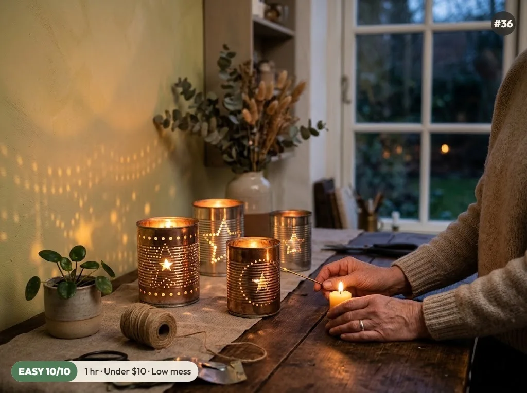 Punched tin can lanterns with star patterns glowing with candlelight on a wooden table at dusk