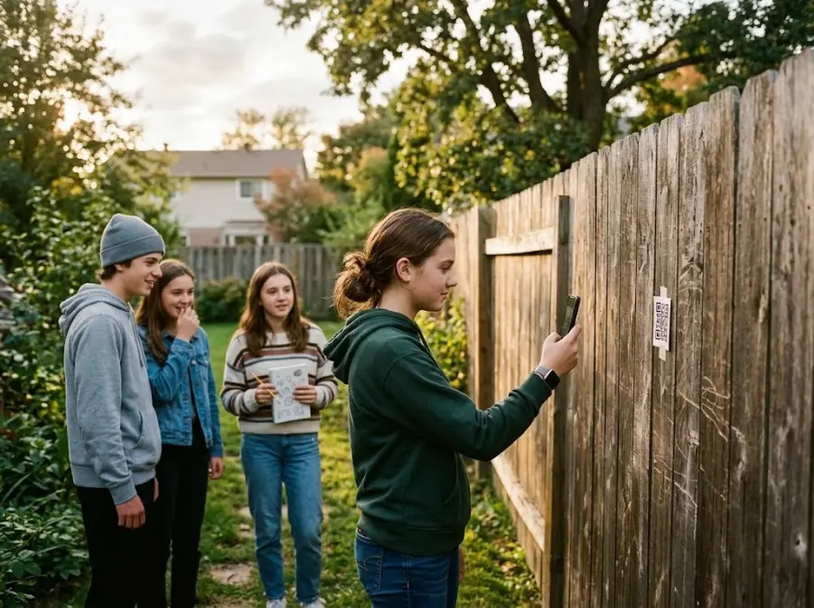 QR code scavenger hunt ideas: a teenager scanning a QR code taped to a backyard fence with a phone while friends wait