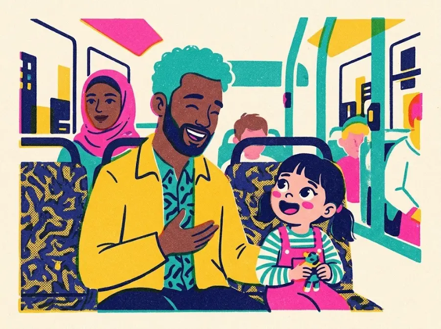 Risograph illustration of a parent and a curious young child chatting and giggling on a bus