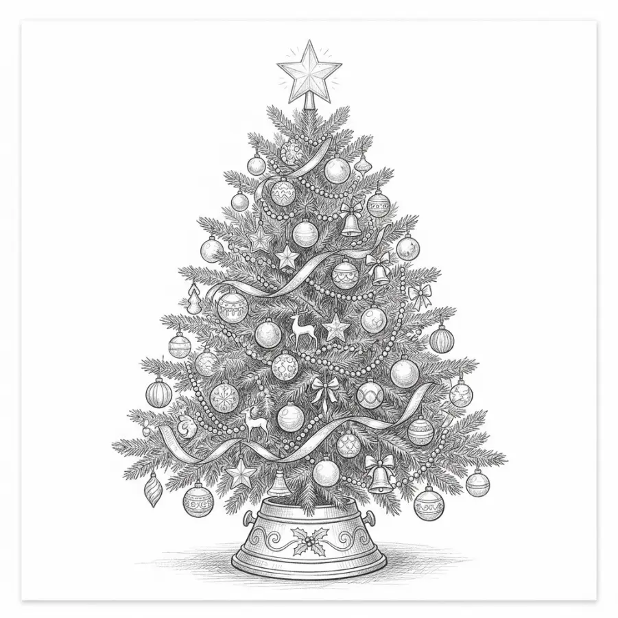 Realistic Christmas tree drawing sketch with detailed needle texture, glass ornaments, garland and a star in a tree stand