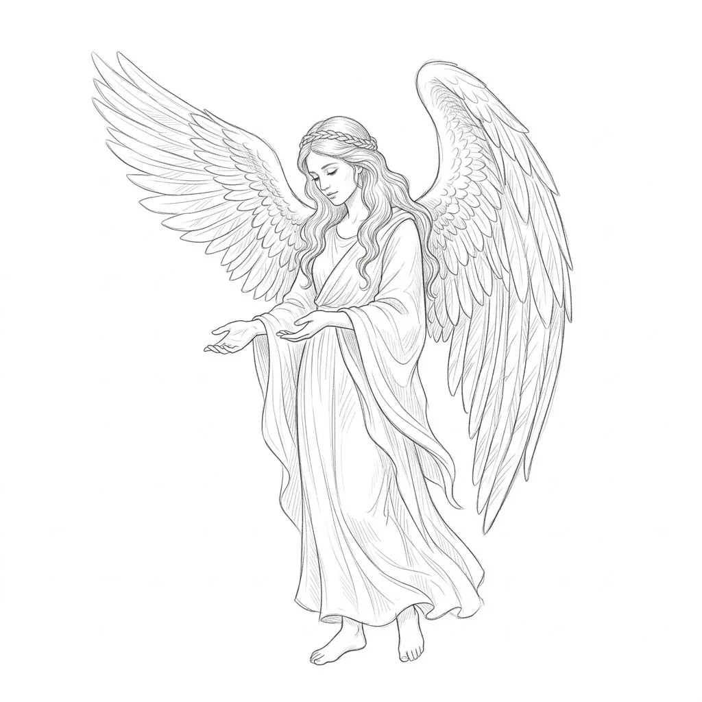 Realistic angel drawing sketch of a guardian angel woman with long hair and large wings