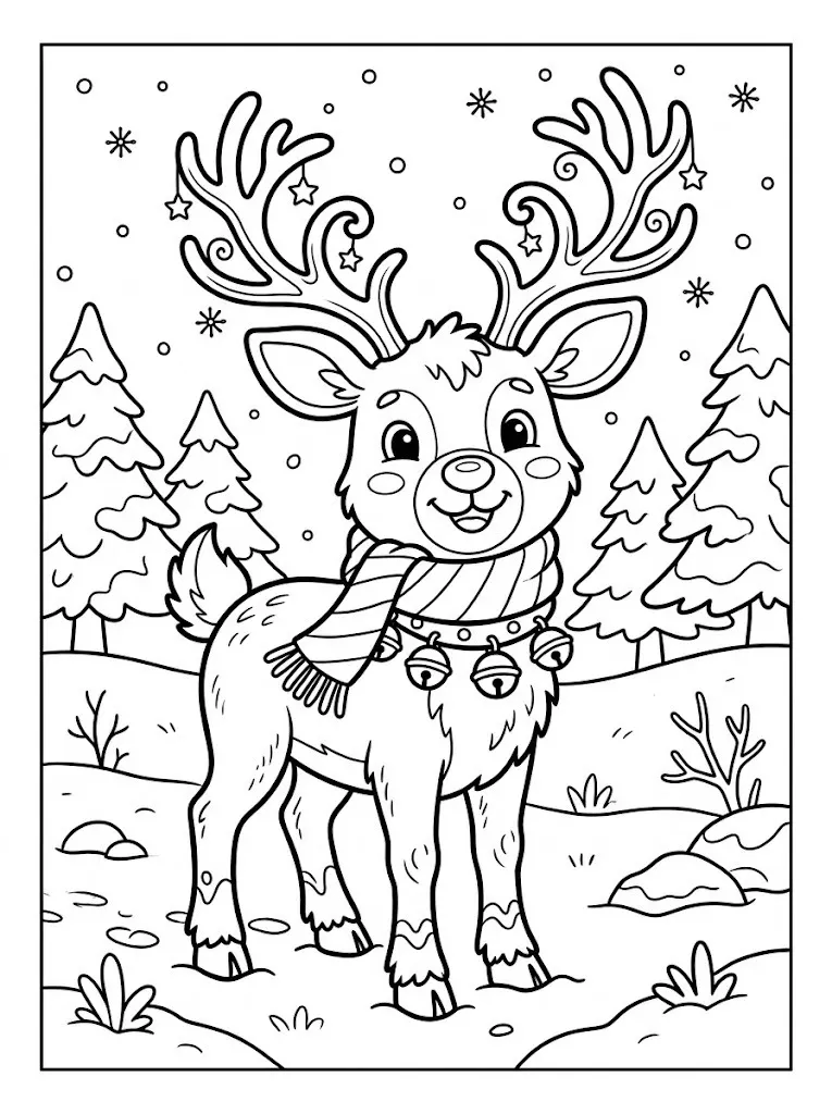 Cute reindeer coloring page with big antlers, a scarf and a jingle bell collar in the snow