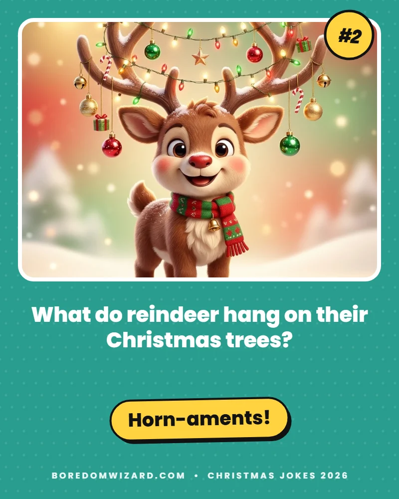 Christmas joke card of a reindeer with ornaments on its antlers: what do reindeer hang on their Christmas trees? Horn-aments