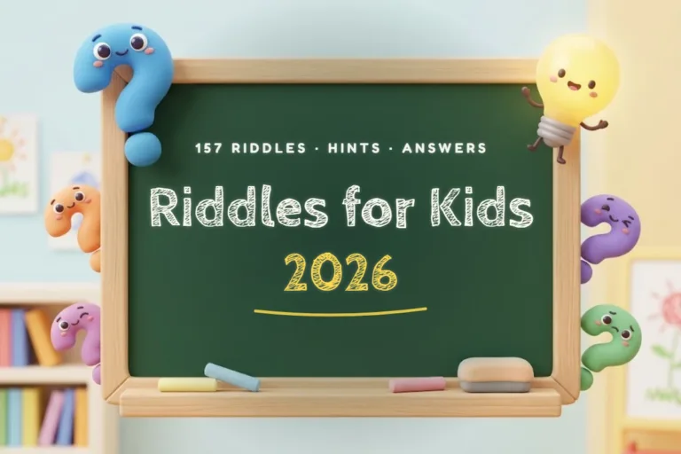 Riddles for kids 2026 cover with a chalkboard and cute question mark characters