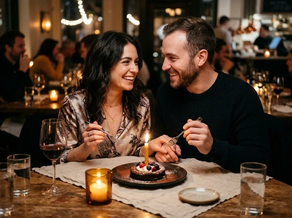 Couple sharing a birthday dessert with a single candle at a candlelit restaurant table
