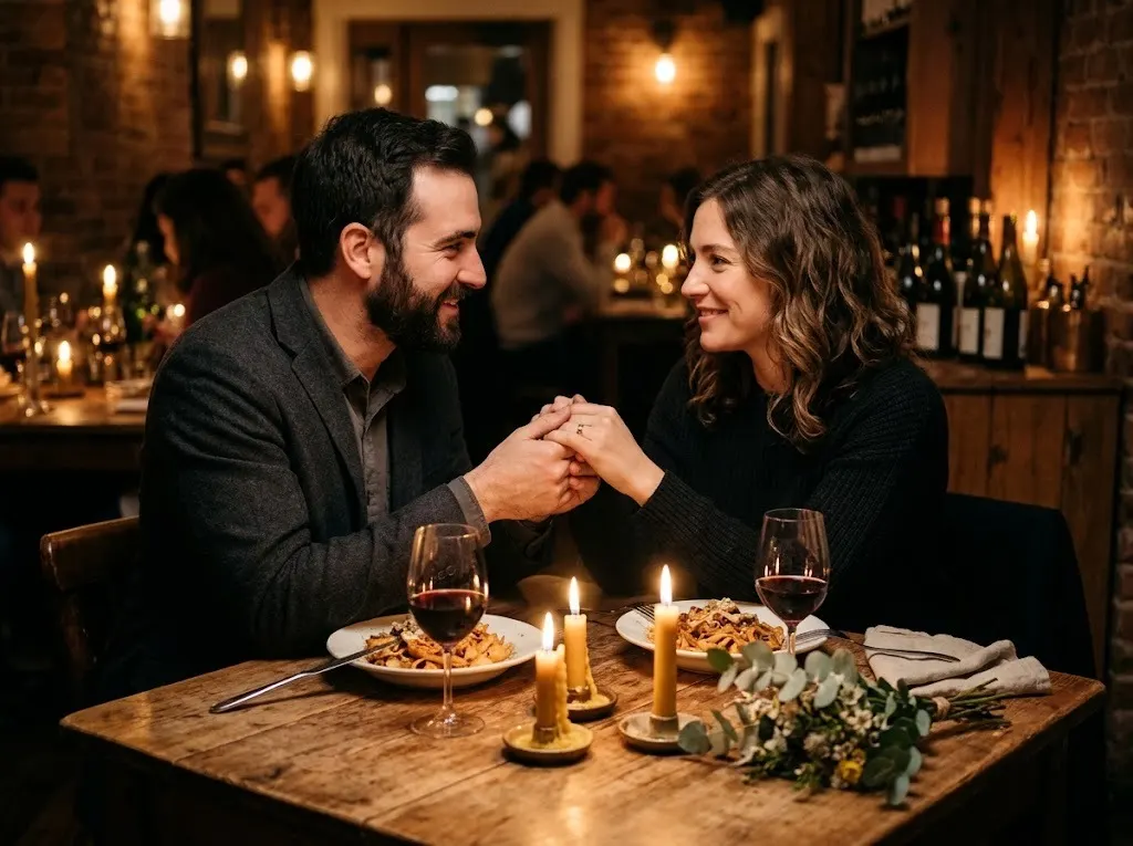 Couple holding hands over a romantic candlelit dinner at a restaurant