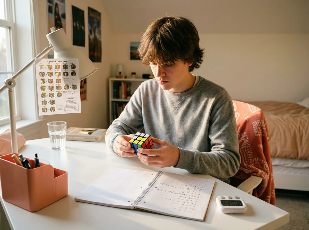 Teen practicing Rubik's cube algorithms at a desk with a printed cheat sheet, notebook and timer