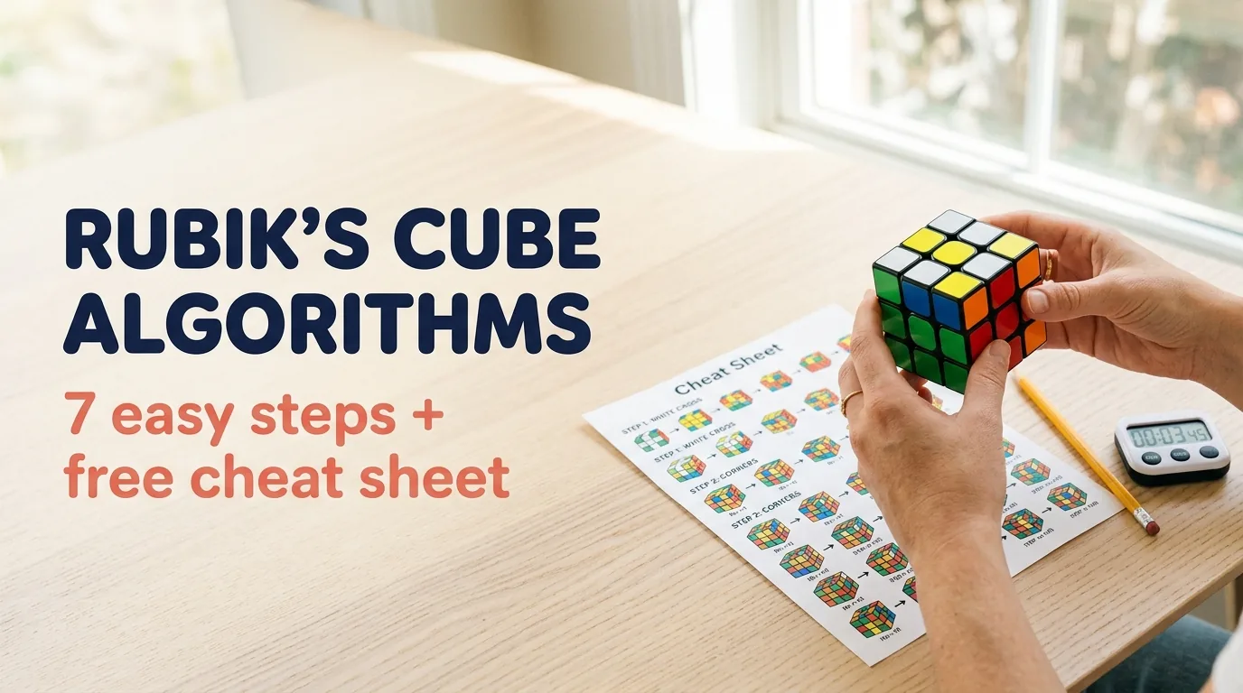 Hands solving a 3x3 Rubik's cube next to a printed Rubik's cube algorithms cheat sheet