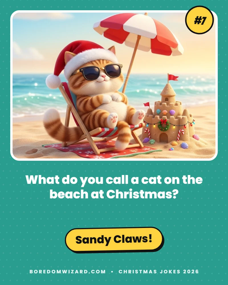 Christmas joke card of a cat in a Santa hat on the beach: what do you call a cat on the beach at Christmas? Sandy Claws