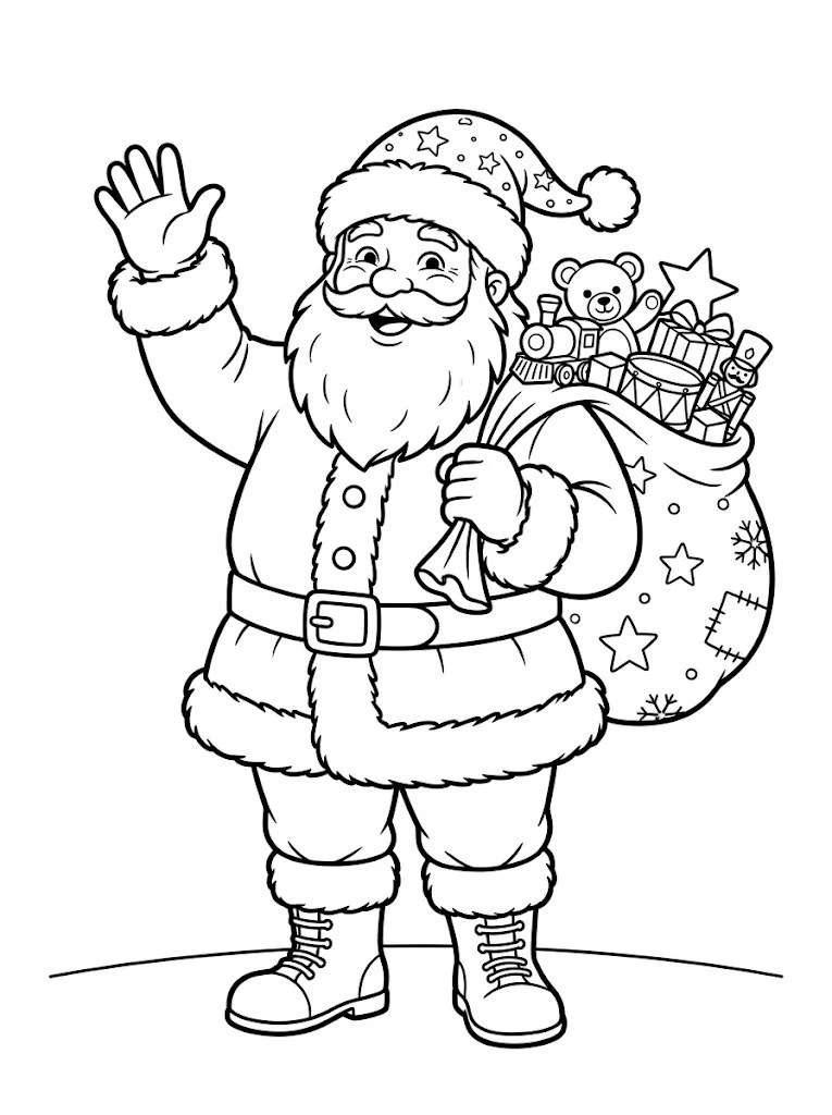 Santa Claus coloring page of a jolly Santa waving and holding a sack of toys