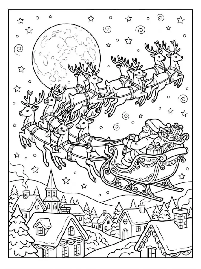 Santa's sleigh coloring page with reindeer flying over snowy rooftops under a big moon