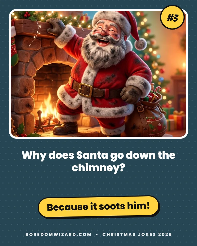 Santa joke card of Santa covered in soot climbing out of a fireplace: why does Santa go down the chimney? Because it soots him