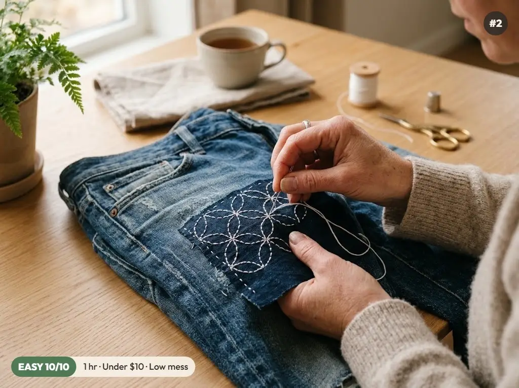 Close-up of jeans being mended with white sashiko running stitches in a geometric pattern, a relaxing craft for adults