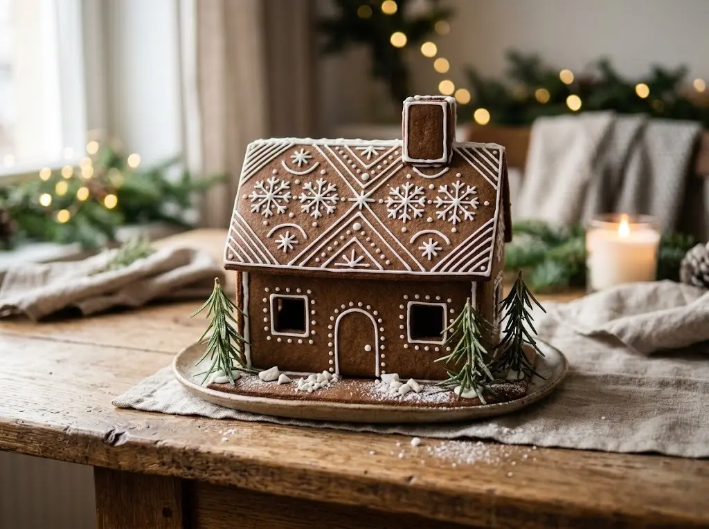 Minimalist Scandinavian gingerbread house decorated only with white royal icing lines, dots and snowflakes