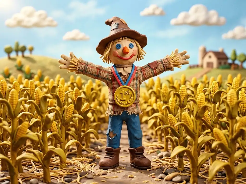 Claymation scarecrow wearing a gold medal in a cornfield illustrating the corny joke about being outstanding in his field