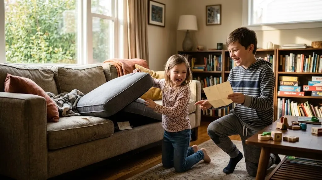 Scavenger hunt ideas at home: two kids finding a paper clue under a couch cushion in the living room