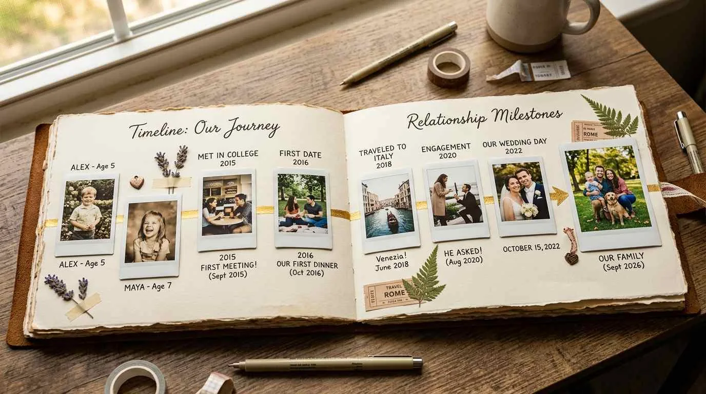 scrapbook showing a dramatic double-page timeline spread