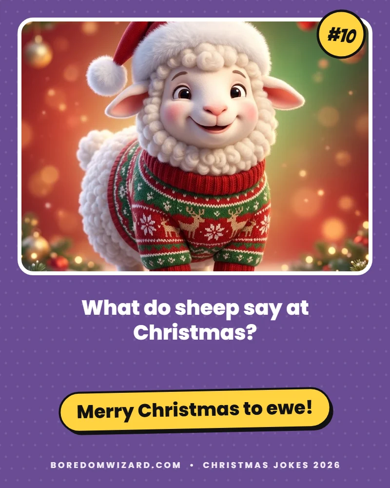 Christmas joke card of a sheep in a Christmas sweater: what do sheep say at Christmas? Merry Christmas to ewe