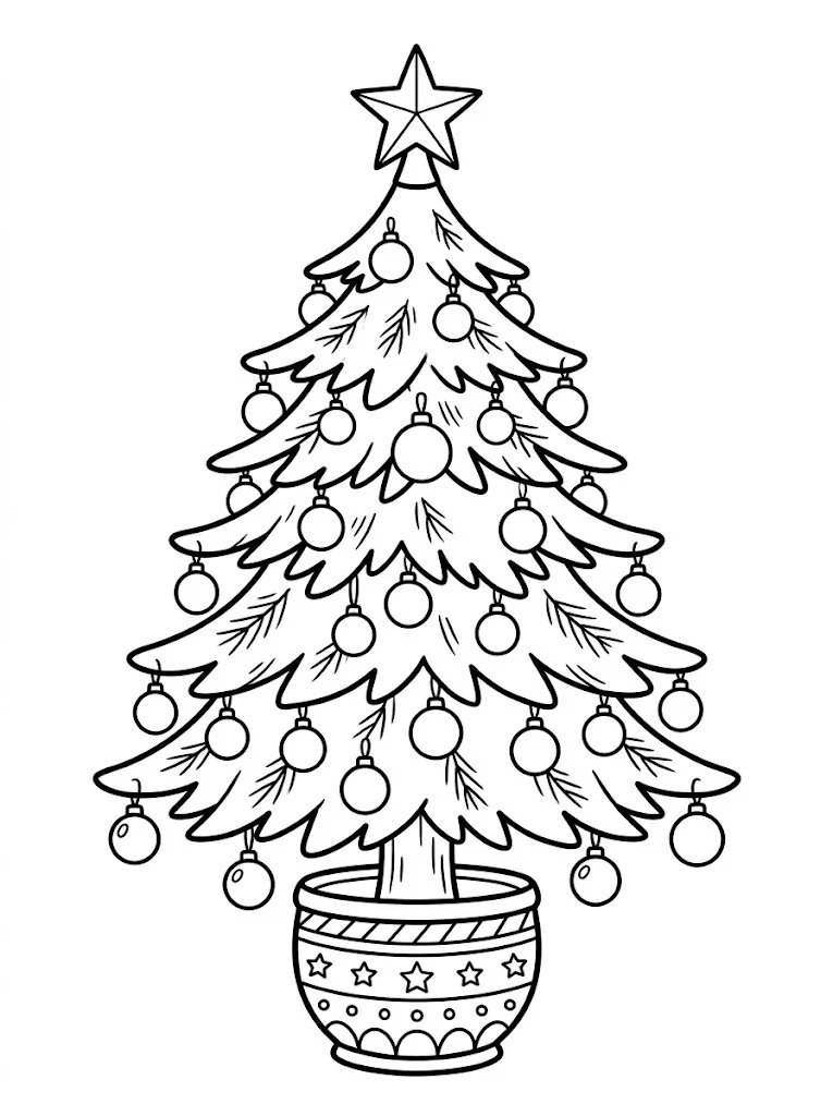 Simple Christmas tree coloring page with a star, round ornaments and a pot