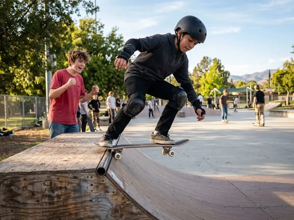 Beginner skateboarder wearing a helmet dropping in on a small mini ramp