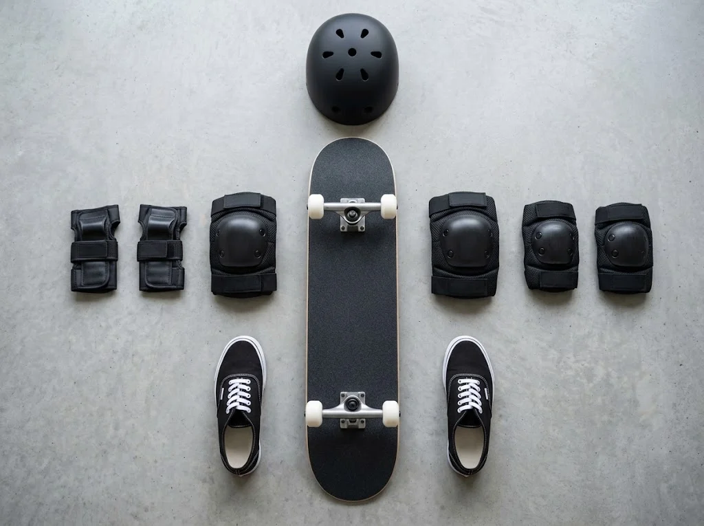 Beginner skateboard safety gear: helmet, wrist guards, knee pads and elbow pads next to a skateboard