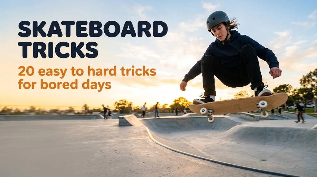 Teen skateboarder popping an ollie at a sunny skatepark, a fun boredom-busting hobby